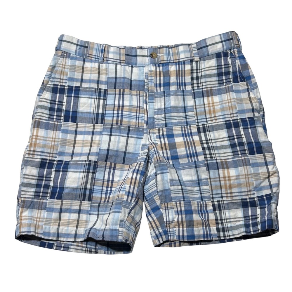 Peter Millar Mens 34 Patchwork Plaid Shorts Blue Tan Cotton